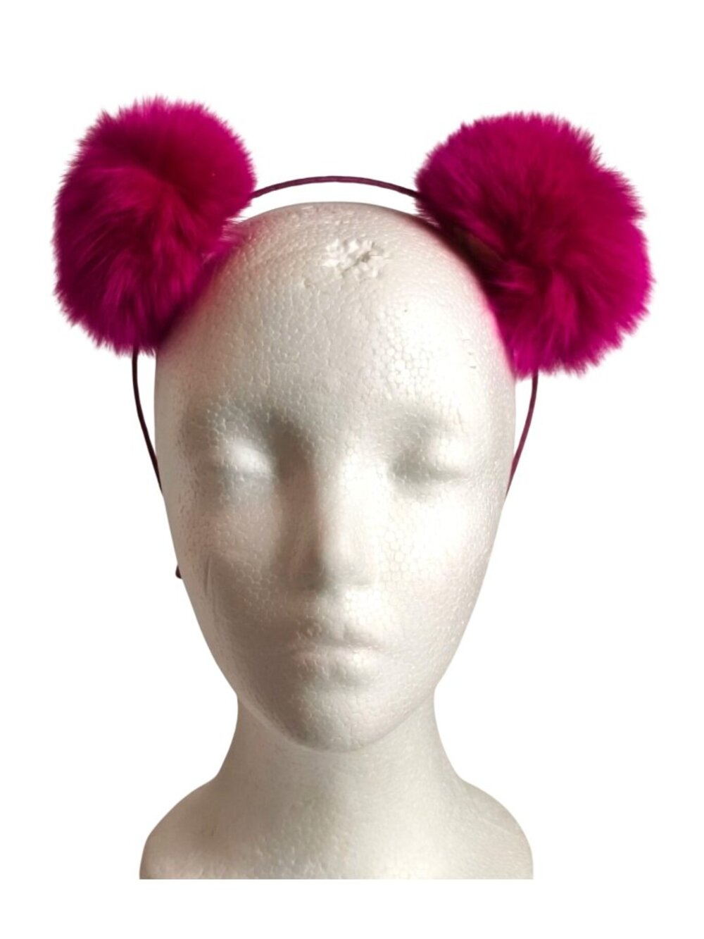 Girls Faux Fur Pom Pom Headband Fuchsia Pink Satin-Wrapped Band Fluffy Ears